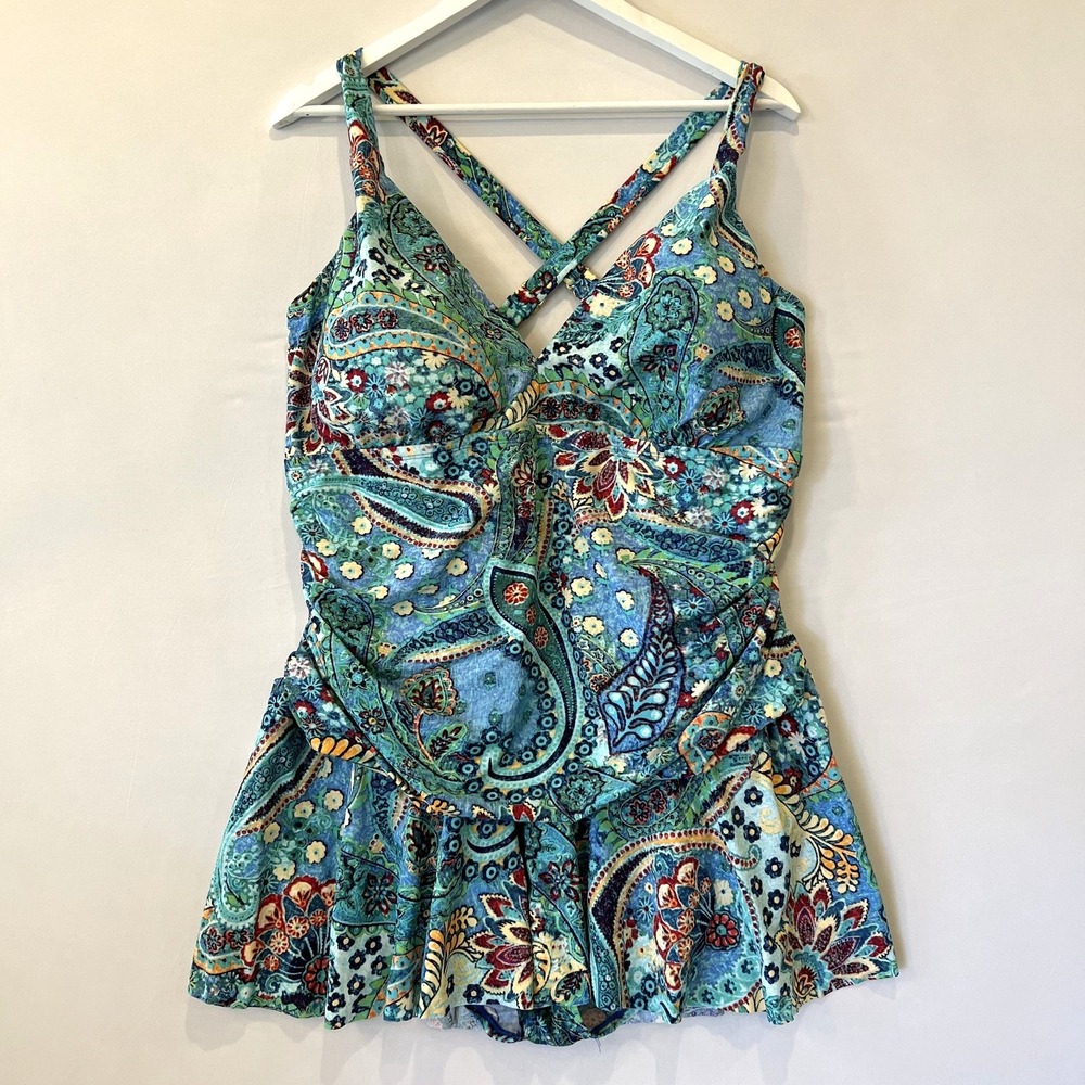 CHAPS Criss Cross One Piece Swim Suit 22W Paisley Ruched Tummy Attached Skirt
